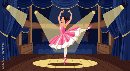 Ballet Dancer Performing Pirouette

Flat vector illustration of a ballet dancer performing a graceful pirouette on stage. Wearing a tutu and ballet slippers, elegant theater stage with spotlight 