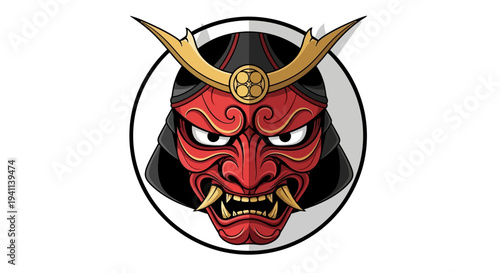 Fierce Red Oni Mask Samurai Warrior Emblem with Golden Horns