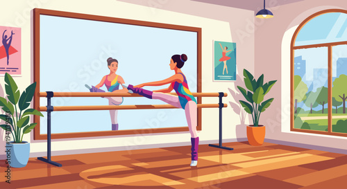 Ballet Dancer Practicing at Barre
Flat vector illustration of a ballet dancer practicing stretches at a ballet barre in a dance studio. Large mirror and wooden floor visible. Flat vector style, 