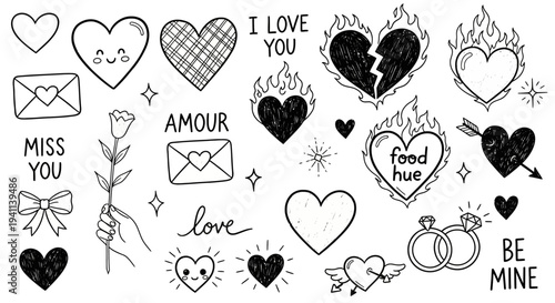 Illustrations of love-themed stickers with hearts, letters, and romantic phrases