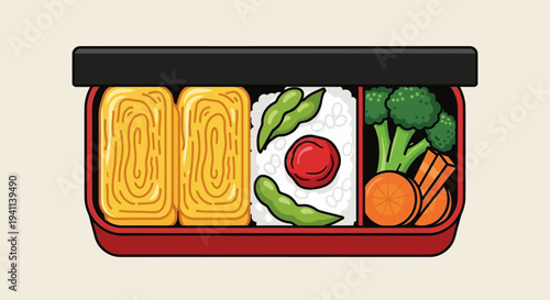 Japanese Bento Box Lunch with Tamagoyaki, Rice, and Vegetables