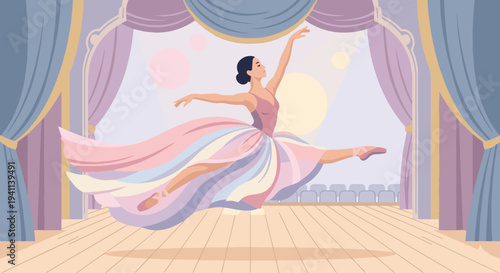  Ballet Dancer Leaping in Grand Jeté
Flat vector illustration of a ballet dancer performing a grand jeté leap across the stage. Flowing tutu and extended arms, dramatic motion. Flat vector style with 