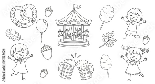 Children enjoying festive fair treats and rides at outdoor event with merry-go-round