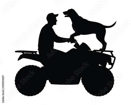Silhouette of a man wearing a cap riding an allterrain vehicle with a dog standing on the back