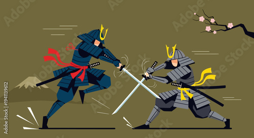 Samurai Warriors Duel with Swords in Traditional Armor, Japanese Culture