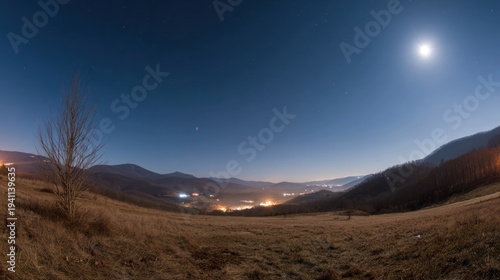 Panoramic night scene with a full moon, hills, sparse tree, and city lights