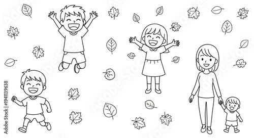 A family of four happily playing together outdoors on a sunny day surrounded by leaves