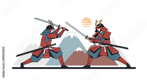 Samurai Warriors Duel with Swords, Japanese Martial Arts, Mountain Landscape