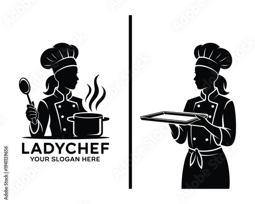 Silhouette of female chefs holding cooking utensils and baking tray in different scenes