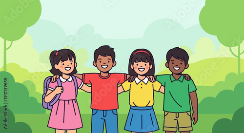 Diverse group of happy children standing together outdoors 30.
