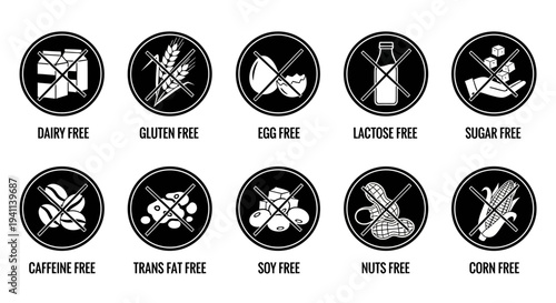 Food labels illustrate various dietary restrictions on a packaging