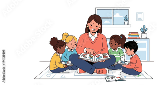 Teacher reading book to diverse group of young children.