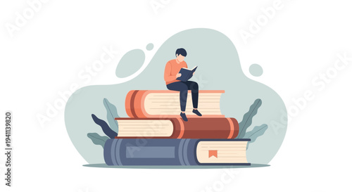 Man Sitting on Stack of Books Reading.