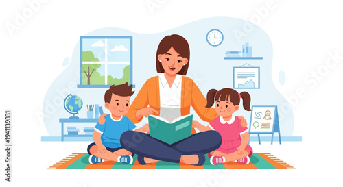 Mother reading book to children in classroom setting.