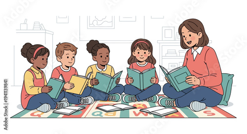 Teacher reading books to diverse group of young children.