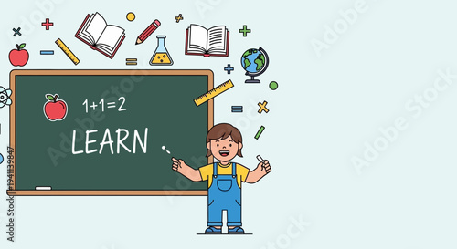 Happy student in front of a blackboard with educational symbols.