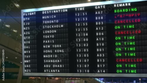 Big departure board flips every single flight to cancelled one by one. Flight status changes on the information board at the airport. Chaos, travel bans, delays, bad luck, or travel chaos. 