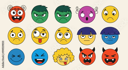 A vibrant digital illustration of various emoticon faces expressing different emotions on a neutral background