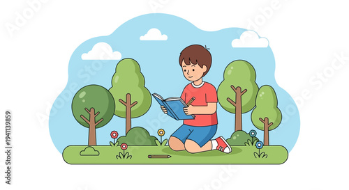 Young boy engrossed in reading a book outdoors.