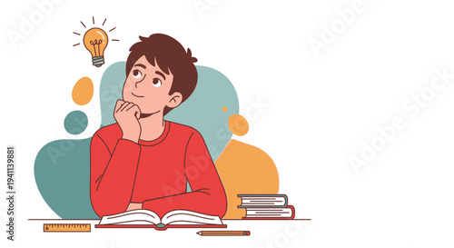 Young boy thinking with a bright idea lightbulb above his head.