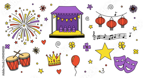 A vibrant party scene with a stage, drums, and masks celebrating a festive event with music and dance under colorful decorations.