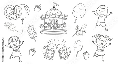 Children celebrate with festive beers at a lively carnival midway with joyful kids and autumn leaves