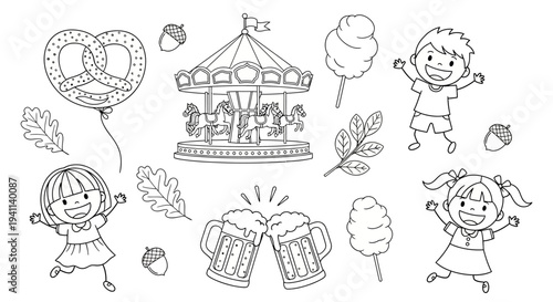 Children happily gathered around festive treats and merry-go-round bsJKB