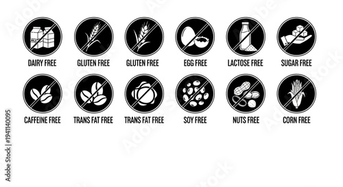 Food icons illustrate various dietary restrictions on a clean white background with labels
