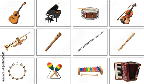 Collection of Twelve Musical Instruments Featuring Strings, Percussion, Brass, and Woodwinds in Educational Grid Layout for Learning Purposes