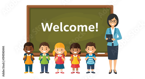 Welcoming diverse group of happy elementary school children standing before a teacher and chalkboard