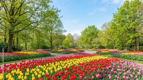 Wallpaper Mural Vibrant spring park landscape featuring meticulously arranged tulip flower beds in full bloom showcasing a breathtaking spectrum of red yellow pink and purple hues Torontodigital.ca