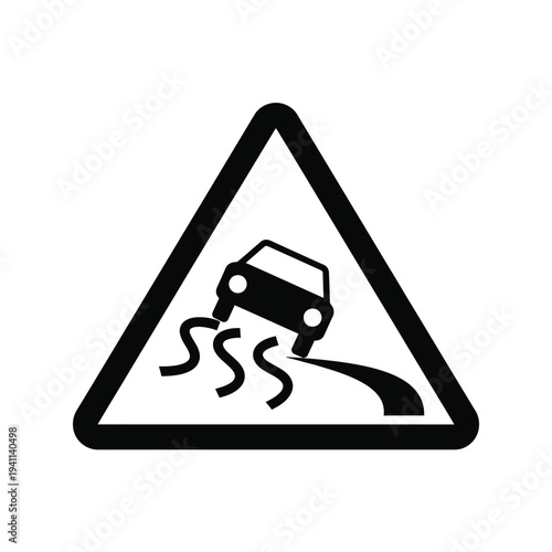 Warning sign depicting a car skidding on a slippery road surface with wavy lines illustrating hazardous conditions