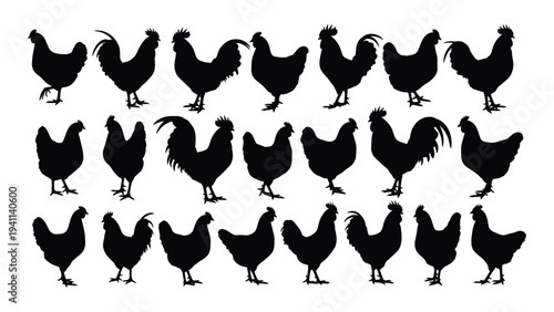 A group of black chicken silhouettes standing in rows
