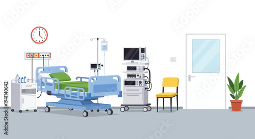 Empty patient hospital room with a bed and modern medical equipment for healthcare illustration.