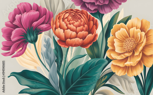 Floral illustration with pink, orange and yellow blooms and green foliage.