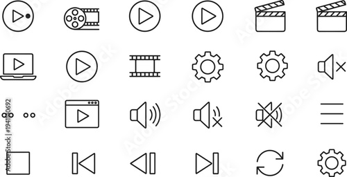 Set of Twenty-Five Black-and-White Media Player Icons Depicting Playback, Audio, Video, and Settings Functions for Interface Design