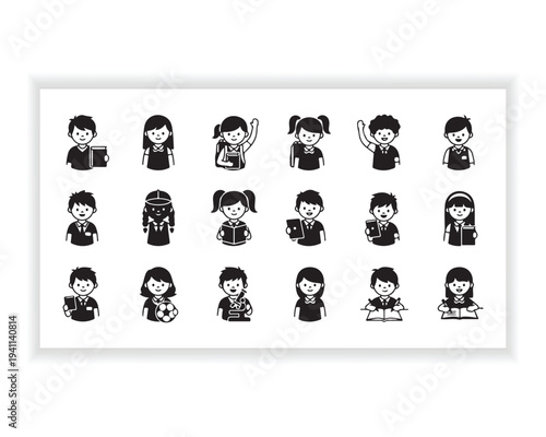 Large School Children Icon Set, Kids Students Characters and Education Silhouette Vector Collection