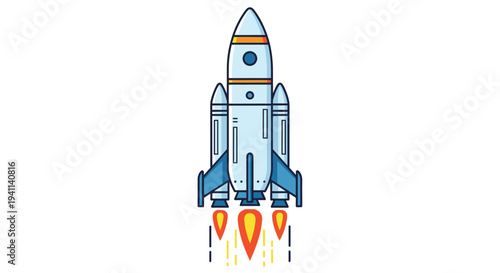 Flat design illustration of a cartoon rocket launching upwards with fiery exhaust symbolizing successful startup growth