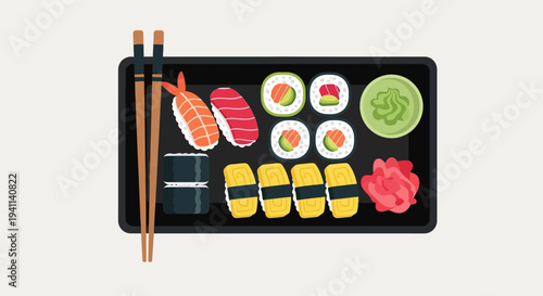 Assortment of Sushi and Maki Rolls on a Black Tray with Chopsticks