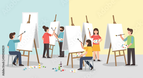 Art class painting workshop with diverse people learning to paint on easels