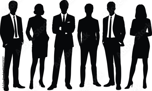 Diverse Collection of Professional Business Men and Women Silhouettes Standing in Rows Isolated on White Background Vector Illustration for Corporate Teamwork  Community Concepts