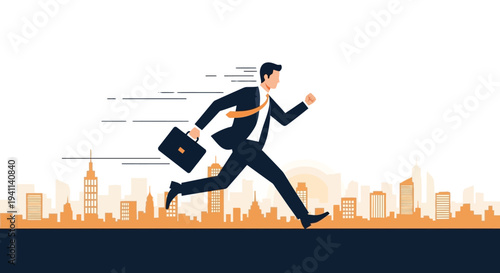 Businessman running fast in city, business rush hour, dynamic motion blur, urban background