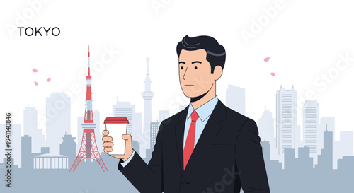 Businessman enjoying coffee with Tokyo skyline and Tokyo Tower in the background