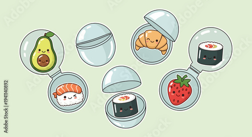 Cute Kawaii Food Toys in Capsules: Avocado, Sushi, Croissant, Strawberry