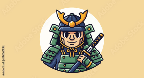 Cute Samurai Warrior Cartoon Character with Katana Sword