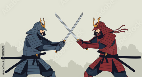 Two Samurai Warriors in Armor Clashing Swords in Combat