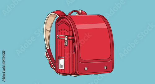Red Japanese Randoseru Backpack for School, Isolated on Blue Background