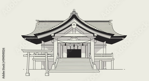 Traditional Japanese Shrine Architecture, Torii Gate and Sacred Building, Black and White Line Art