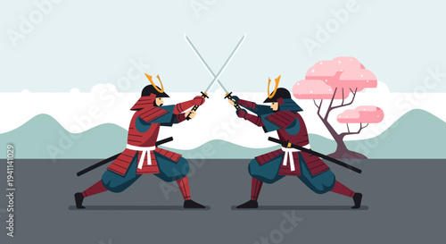 Two Samurai Warriors in Combat, Swords Drawn, Japanese Culture