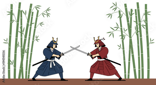 Two Samurai Warriors in Traditional Armor Duel with Swords Amidst Bamboo Forest